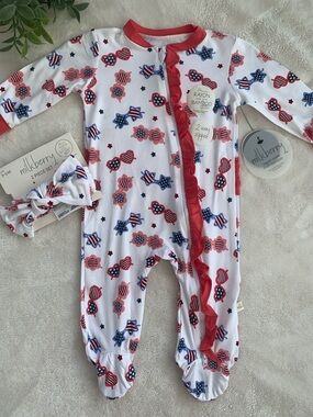 NWT Milkberry Patriotic Sunglasses Ruffle Footie Set 3-6M Headband Bamboo